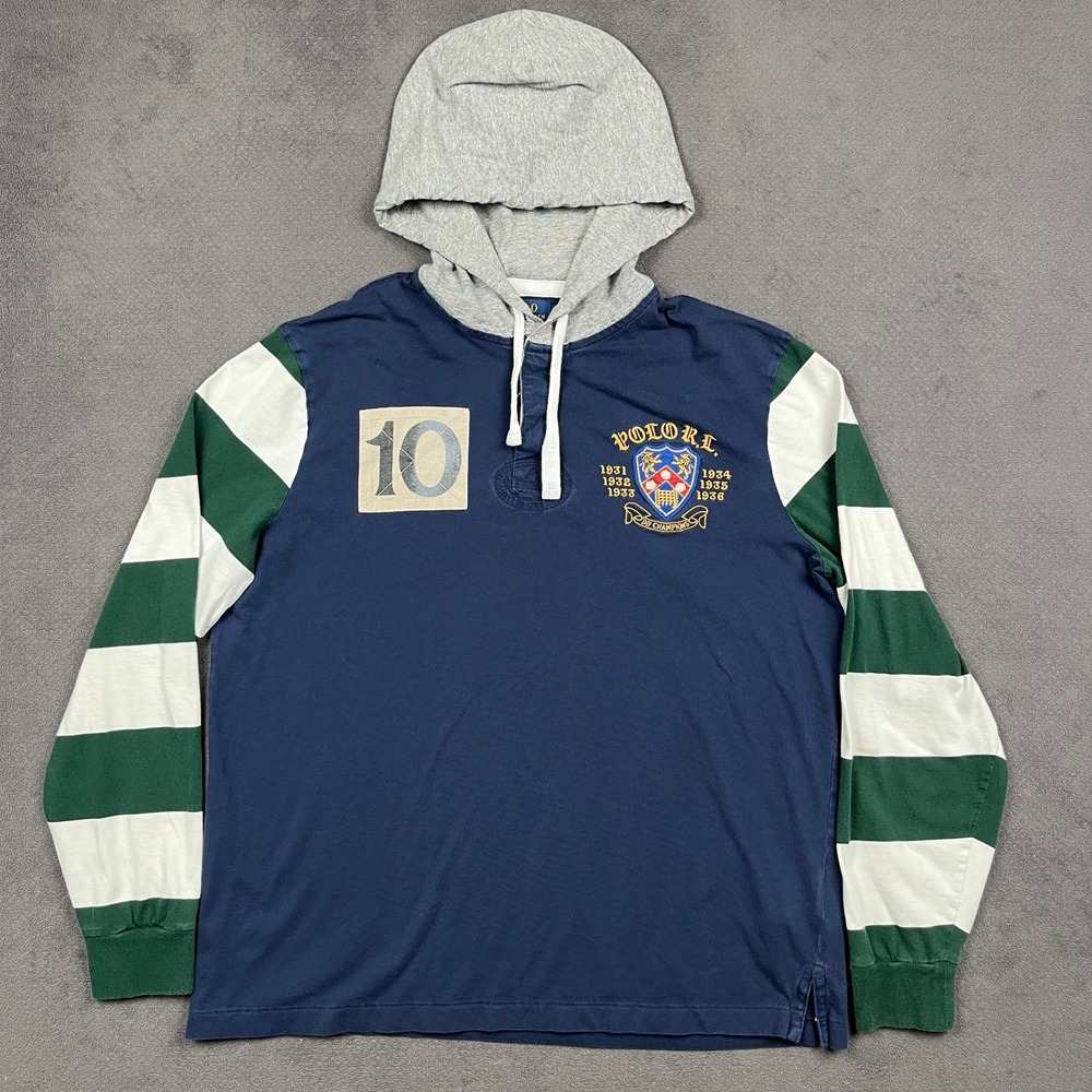 Polo Ralph Lauren Rugby Hoodie Shirt Mens Large Navy Striped Classic Fit Patch